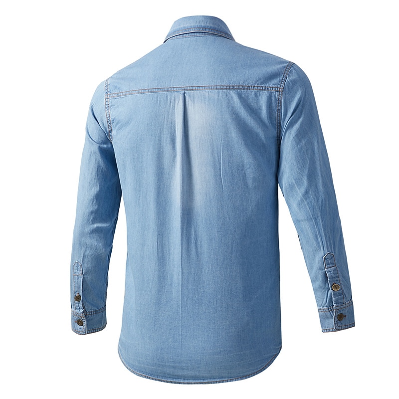 Men's Shirt Denim Shirt Solid Colored Outdoor Vacation Blue Light Blue Long Sleeve Turndown Summer Spring Clothing Apparel Button-Down2