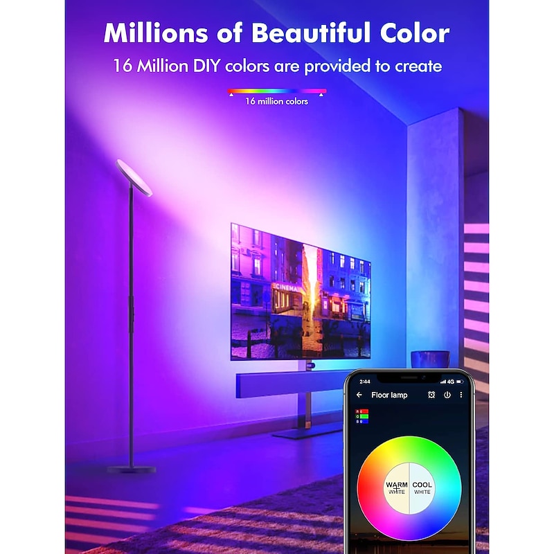 Smart RGB Floor Lamp Works with Alexa Google Home, WiFi Remote Modern Tall Standing Light, Super Bright 2000LM Color Dimmable for Living Room, Bedroom (Black)3