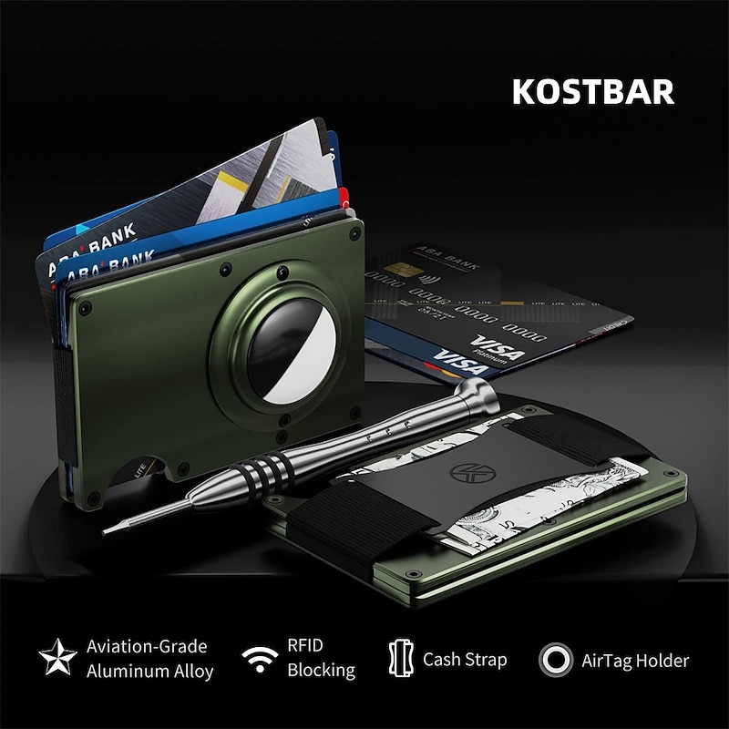 For AirTag Wallet for Men Minimalist Slim RFID Blocking Air Tag Holder Front Pocket Metal Wallet Card Holder with Cash Strap3