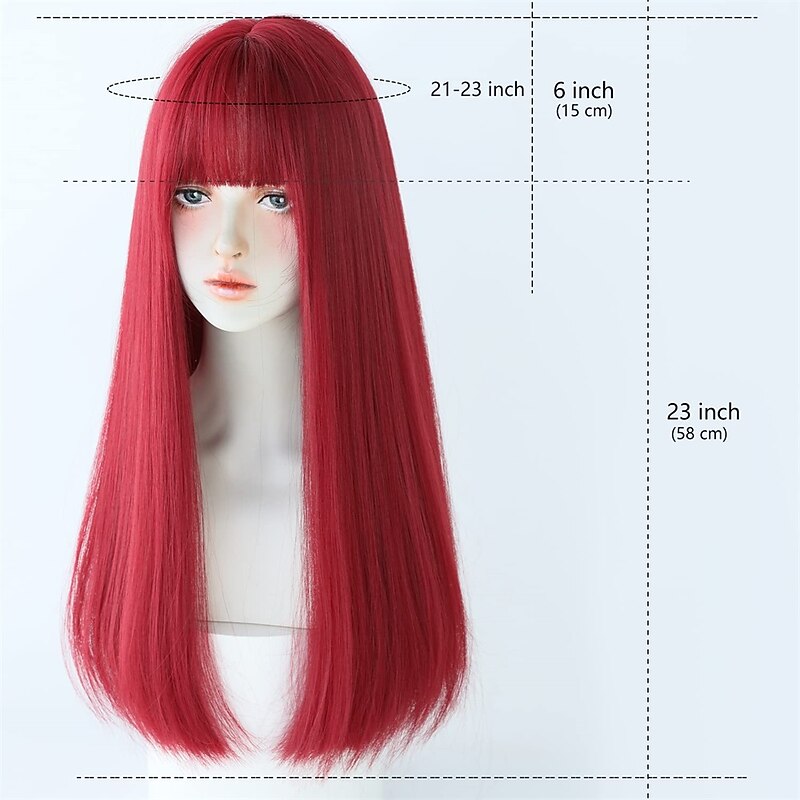 Red Wigs with Bangs Burgundy red Synthetic Long Straight Wig for Women Party and Cosplay Bright Red Wig2