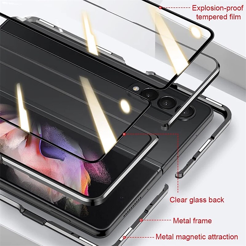 Phone Case For Samsung Galaxy Z Fold 5 Z Fold 4 Z Fold 3 Magnetic Adsorption Flip Mirror Transparent Transparent Tempered Glass Metal3