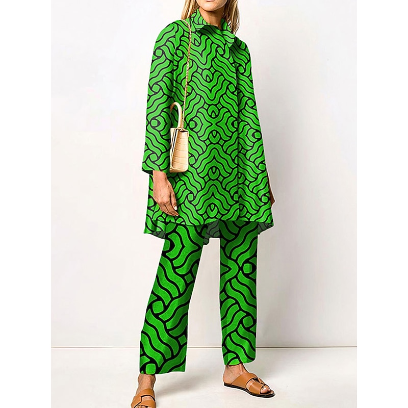 Women's 2 Pieces Elegant Vintage Fashion Shirt Blouse Pants Sets Pants Trousers Long Sleeve Shirt Collar Graphic Print Casual Daily Dark Navy Green Clover Fall & Winter Regular Fit3