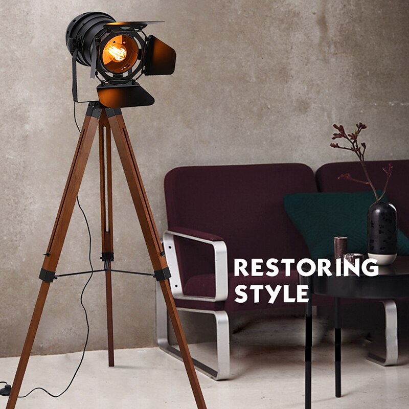 Cinema Projector Floor Lamp, Farmhouse Tripod Lamp for Bedrooms Vintage Steampunk Adjustable 59" Black Metal Camera Wooden High Lights for Study Corner, Office,Brown4