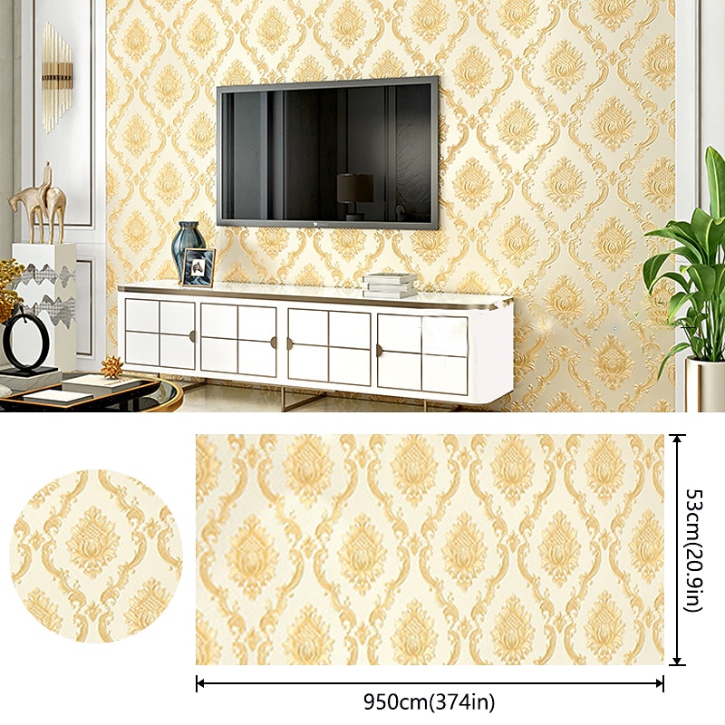 Cool Wallpapers Floral Damask Wallpaper Wall Mural Home Decoration Classic Modern Wall Covering, Non-woven fabric Material Adhesive Required Wallpaper, Bedroom Wallcovering 53x950cm/20.87''x 374''2