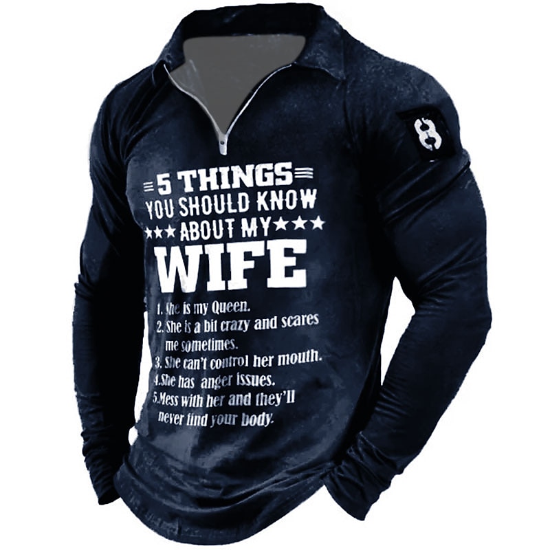 Men's Long Sleeve Quarter-Zip Tee, Funny 5 Things You Should Know About My Wife Graphic Shirt, Humorous Family Relationship Gift3