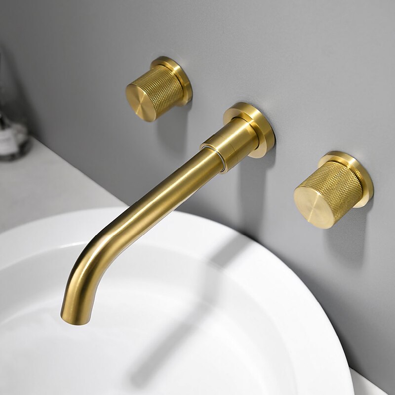 Bathroom Sink Faucet,Brass Wall Mounted Double Handles Nickel Brushed Luxury Design Brushed Gold Finish Widespread Washroom Faucet with Hot and Cold Switch2