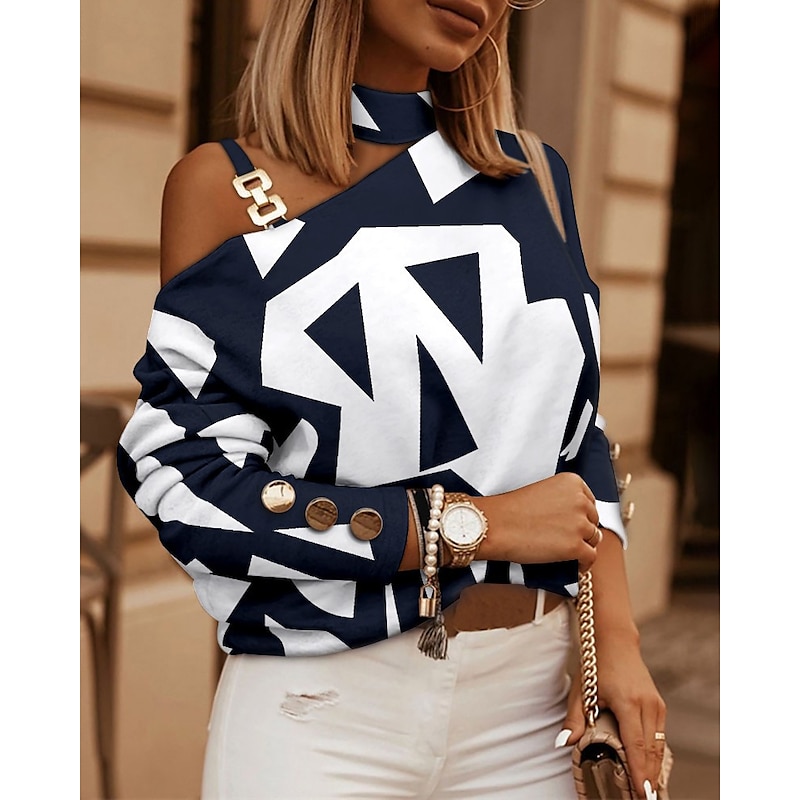 Women's Shirt Blouse Streetwear Geometric Cut Out Print Cold Shoulder Long Sleeve Regular Tops Turtleneck High Neck Party Casual Going out Black Navy Blue Brown Khaki Spring Fall2