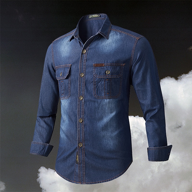 Men's Shirt Denim Shirt Solid Colored Outdoor Vacation Blue Light Blue Long Sleeve Turndown Summer Spring Clothing Apparel Button-Down4