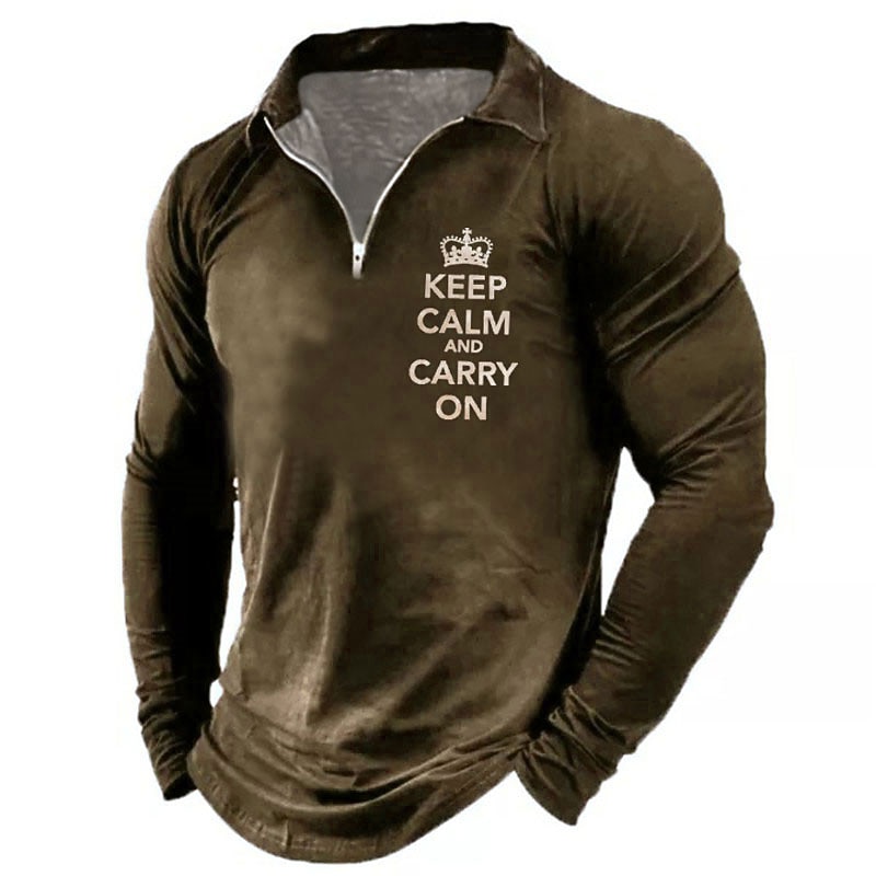 Men's Long Sleeve Graphic Tee "Keep Calm And Carry On" Quarter-Zip3