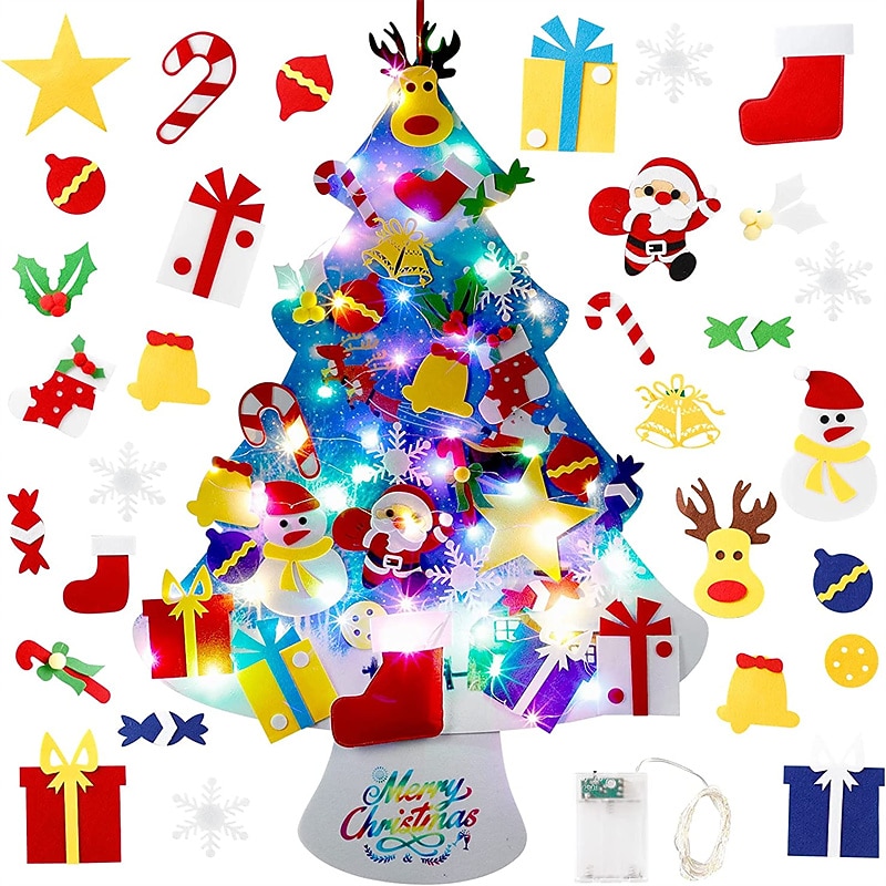 DIY Felt Christmas Tree with Lights, 30 Detachable Ornaments & 40 Colorful LED Lights, Craft for DIY Christmas Decorations for Toddlers, Xmas Gifts, Door Wall Hanging4