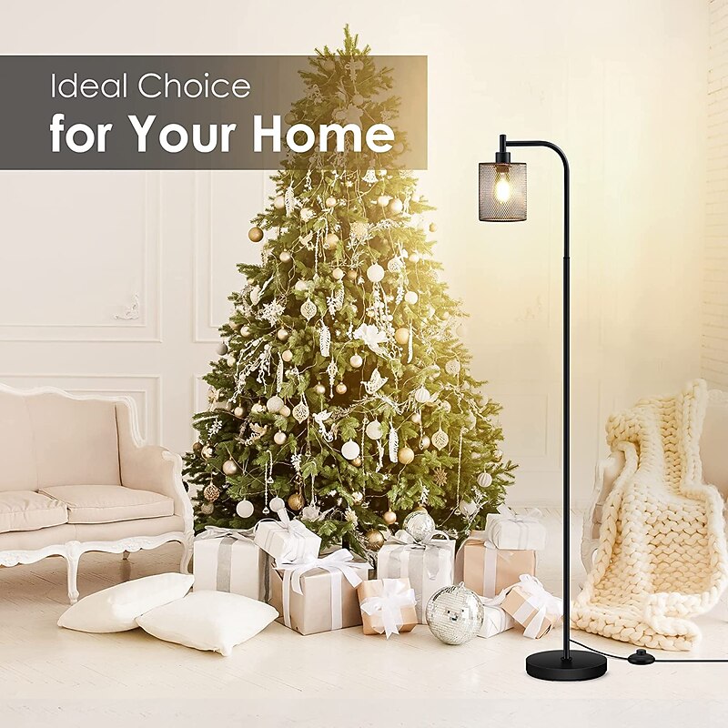 Industrial Floor Lamp for Living Room, Standing Lamp with Hanging Iron Mesh Shade, 8W LED Bulb, Tall Standing Lamp with Foot Switch for Bedroom, Black2