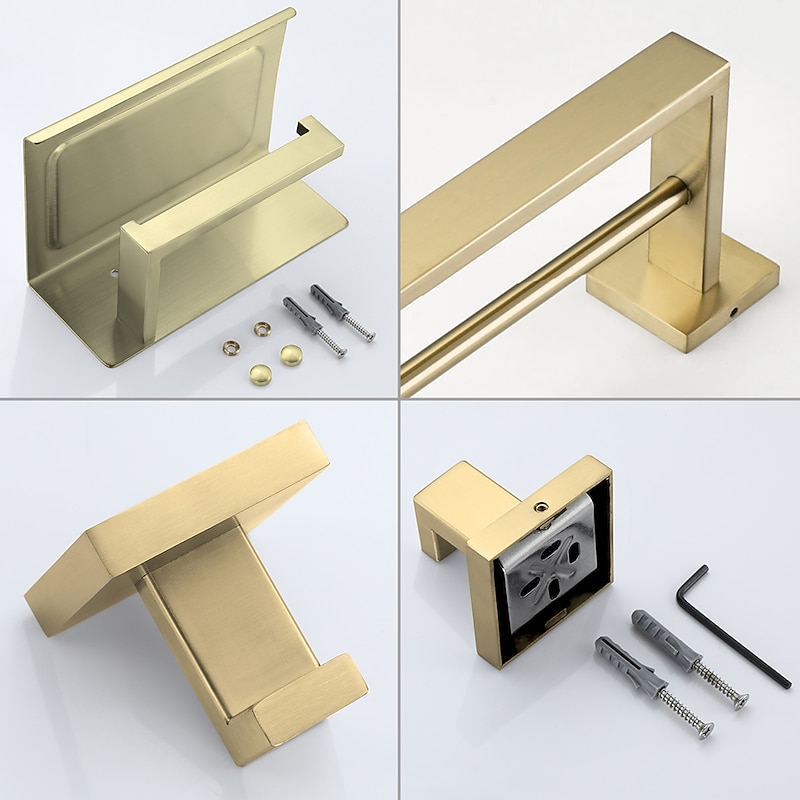 Bathroom Accessory Set 4 Piece Stainless Steel,Wall Mounted Towel Bar,Toilet Paper Holder,Toilet Brush Holder and Robe Hook,Bathroom Hardware Set(Black/Golden/Chrome/Brushed Nickel)3