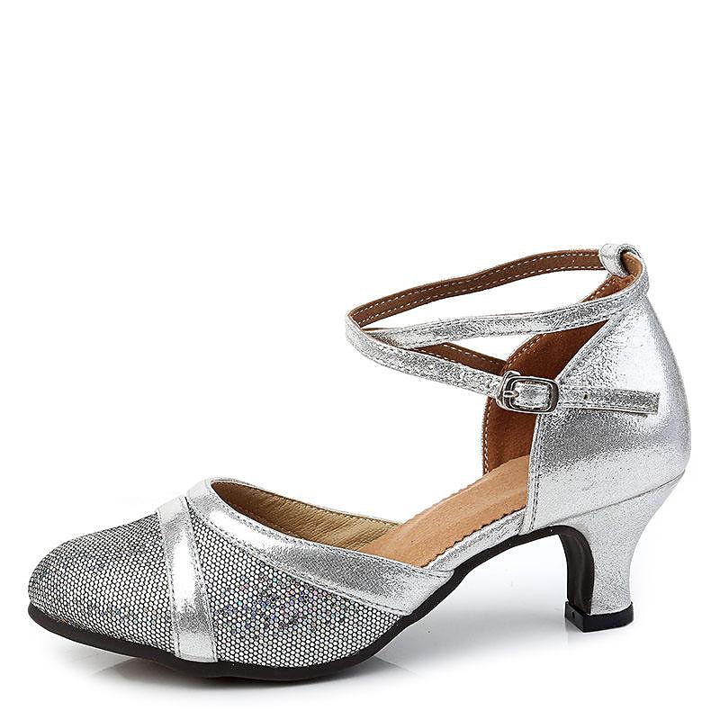 Women's Silver Glitter Ballroom Dance Shoes – Strappy Kitten Heel Latin Dance Heels for Salsa, Tango, and Party Performances2