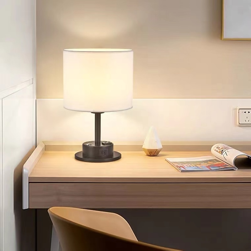 Bedside Lamp with USB Port - Touch Control Table Lamp for Bedroom Wood Nightstand Lamp with Round Flaxen Fabric Shade for Living Room, Dorm, Home Office (LED Bulb Included)3