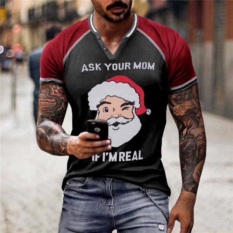 Christmas Men's Santa Claus Henley T Shirt Helper Graphic Tee Color Block Claus Prints V-Neck Red 3D Outdoor Short Sleeve Patchwork Button Down Ask Your Mom If 'M Real Black Cotton Neck Button-Down2