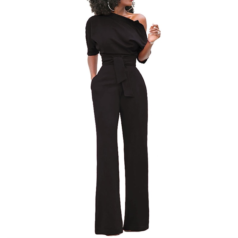 Women's Normal Jumpsuit Elegant Solid Color Half Sleeve One Shoulder Pocket High Waist Wedding Party Regular Fit Black White Yellow Fall4