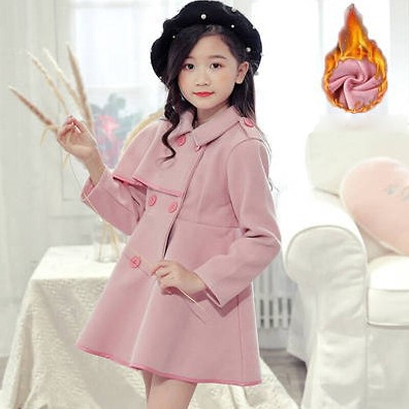 Kids Girls' Coat Long Sleeve Pink Red White Plain Pleated Fall Winter Active Street 3-12 Years / Basic / Cotton3