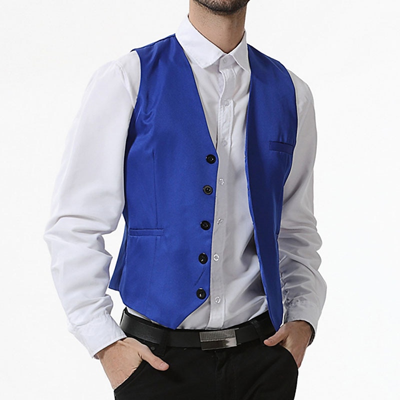 Men's Vest Waistcoat Wedding Office & Career Daily Wear Going out Business Traditional / Classic Spring Fall Button Pocket Polyester 95% Cotton Outdoor Comfortable Wedding Pure Color Single Breasted4