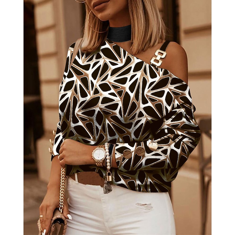 Women's Shirt Blouse Streetwear Geometric Cut Out Print Cold Shoulder Long Sleeve Regular Tops Turtleneck High Neck Party Casual Going out Black Navy Blue Brown Khaki Spring Fall3