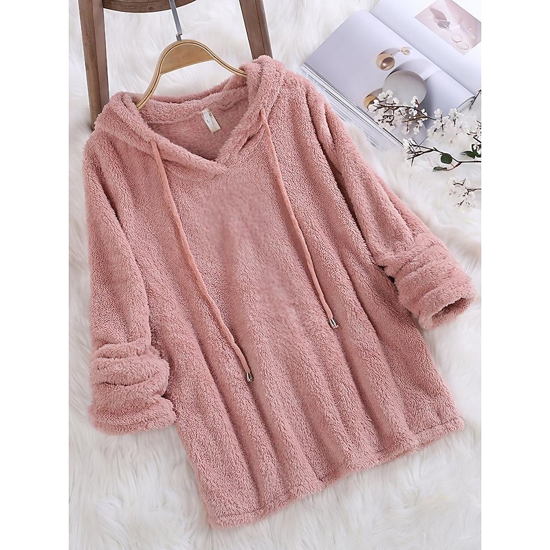 Women's Solid Color Teddy Sherpa Fleece Long Sleeve Hoodie Regular Tops Street Casual Drawstring White Pink Red Blue Purple Fall & Winter4