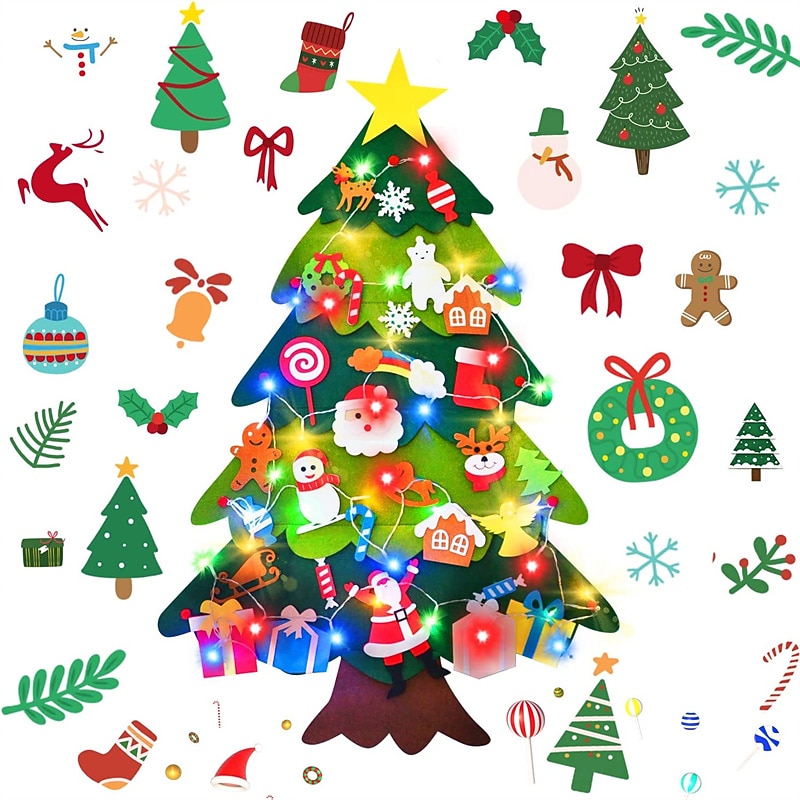DIY Felt Christmas Tree with Lights, 30 Detachable Ornaments & 40 Colorful LED Lights, Craft for DIY Christmas Decorations for Toddlers, Xmas Gifts, Door Wall Hanging