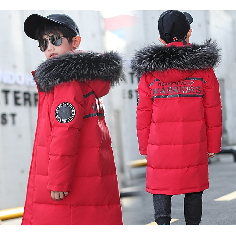 Kids Boys Down Long Sleeve Green Black Red Letter Fall Winter Active Street 3-13 Years