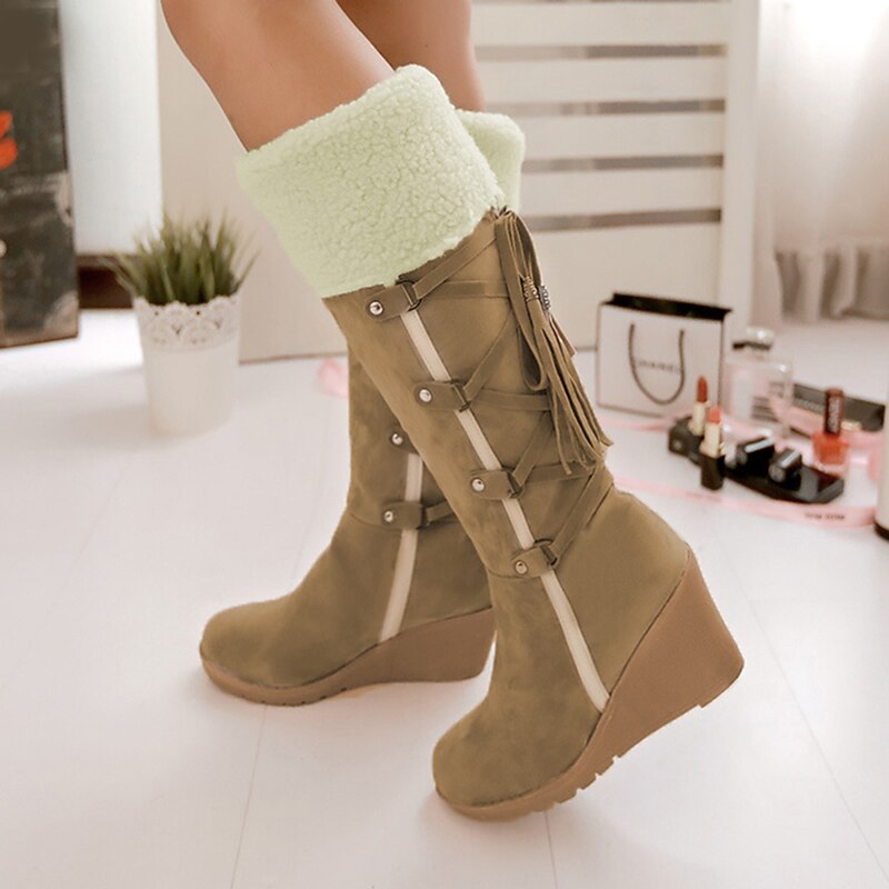 Women's Beige Knee - High Wedge Boots, Faux Shearling Lined with Tassel & Buckle Detail, Cozy & Stylish for Winter Casual Wear