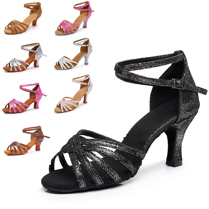 Women's Black Glitter Latin Dance Shoes – Strappy Open-Toe Ballroom Heels with Ankle Strap and Comfortable Suede Sole, Perfect for Salsa, Latin, and Tango Dancing