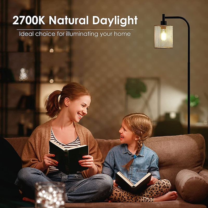 Industrial Floor Lamp for Living Room, Standing Lamp with Hanging Iron Mesh Shade, 8W LED Bulb, Tall Standing Lamp with Foot Switch for Bedroom, Black3