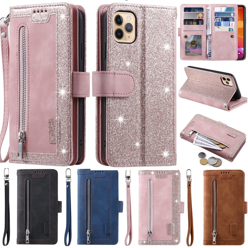 Phone Case For Samsung Galaxy S25 S24 S23 S22 S21 FE S21 Ultra Plus A14 A34 A54 A73 Full Body Case Wallet Case with Stand Holder Bling Zipper Retro Glitter Shine PU Leather