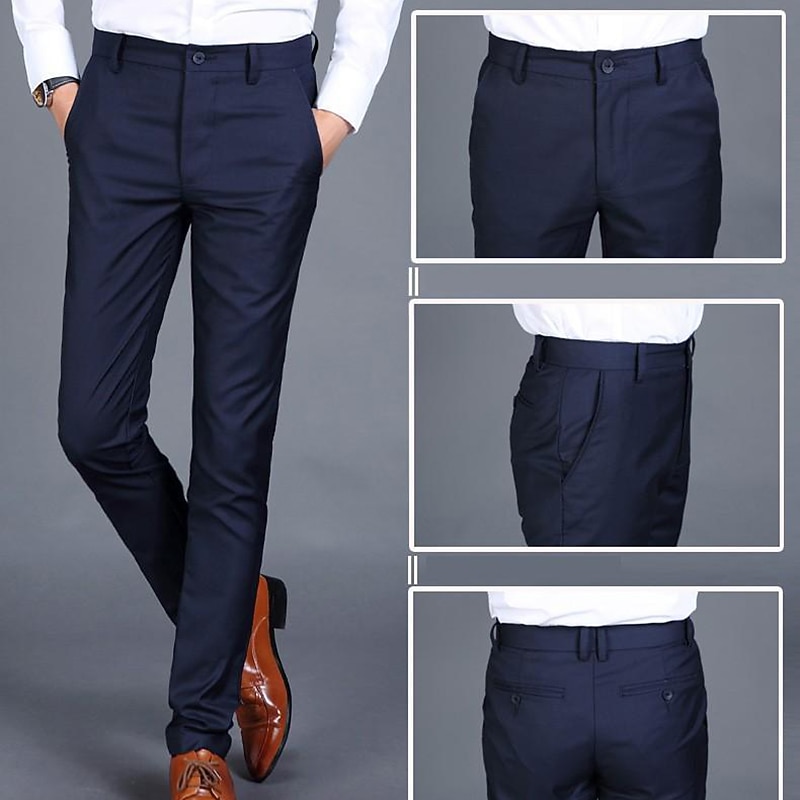 Men's Dress Pants Trousers Pocket Straight Leg Plain Comfort Breathable Wedding Business Casual Retro Vintage Classic Skinny Black Navy Blue Stretchy