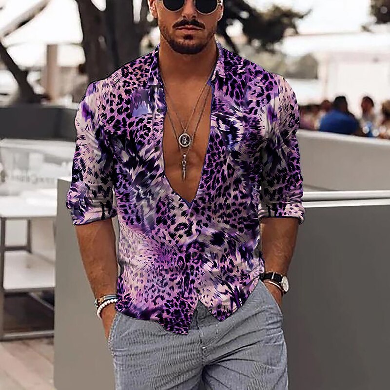 Men's Leopard Shirt Button Up Shirt Long Sleeve Fashion Designer Casual Outdoor Vacation Daily Spring & Summer Stand Collar 3D Print Button-Down Black Red Purple Brown Green4
