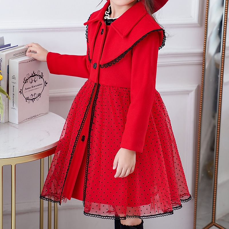 Kids Girls' Trench Coat Coat Woolen Coat Outerwear Polka Dot Plain Long Sleeve Patchwork Coat School Cute Sport Red Beige Winter Fall 4-13 Years2