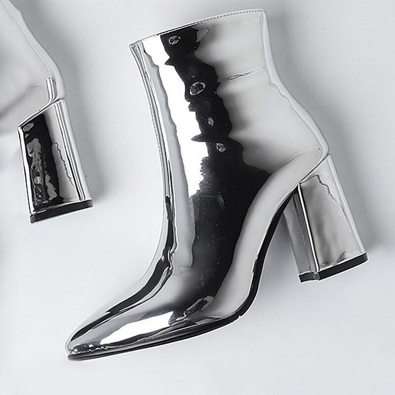 Women's Silver Metallic Ankle Boots with Faux Fur Lining, Pointed Toe and Block Heel, Warm Fashion Short Boots for Autumn Winter Party and Night Out4