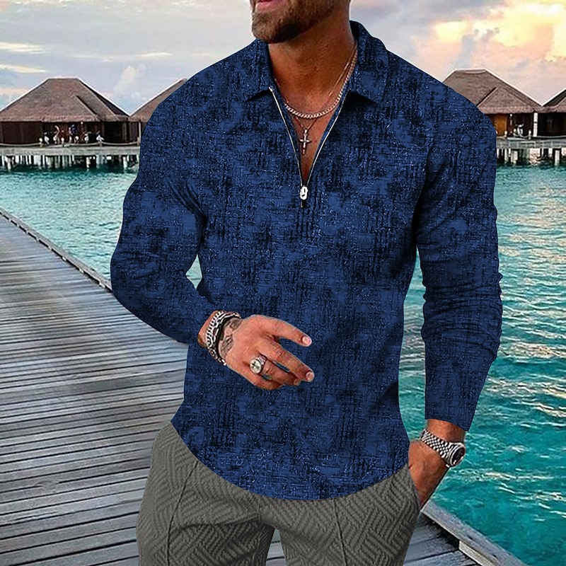 Men's Geometric Hawaiian Polo Shirts Golf Shirt Long Sleeve Polo Shirts Collared Shirts Casual Beach Wear Vacation Wear Party Outfits 3D Print Quarter Zip Polo Yellow Army Green Red4