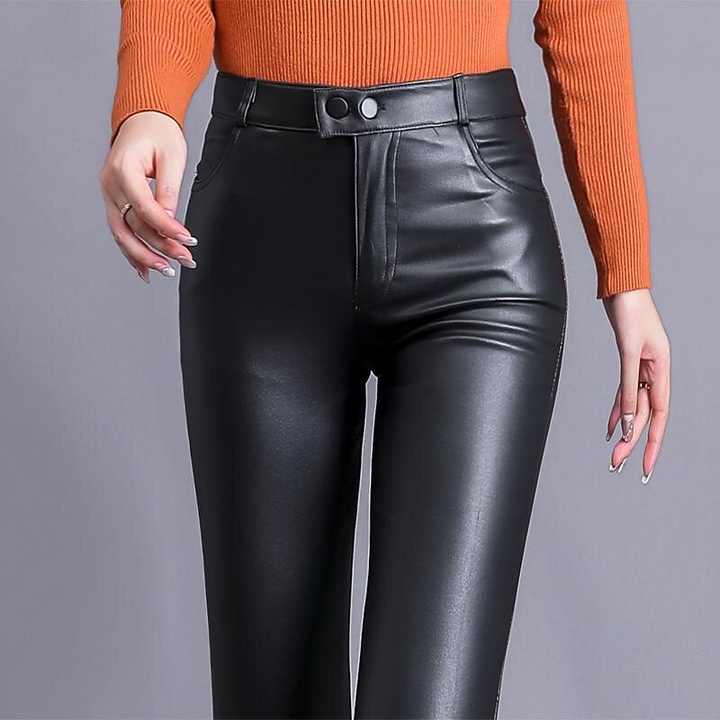 Women's Fleece Pants Leather Pants Pants Trousers Casual Lounge Full Length High Waist Solid Colored Side Pockets High Cut Thermal Warm High Elasticity Vacation Party Office Black Fall & Winter2