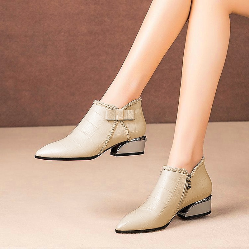 Women's Beige Faux Leather Ankle Boots with Bow and Block Heel, Elegant Pointed Toe Short Boots for Office and Party Wear