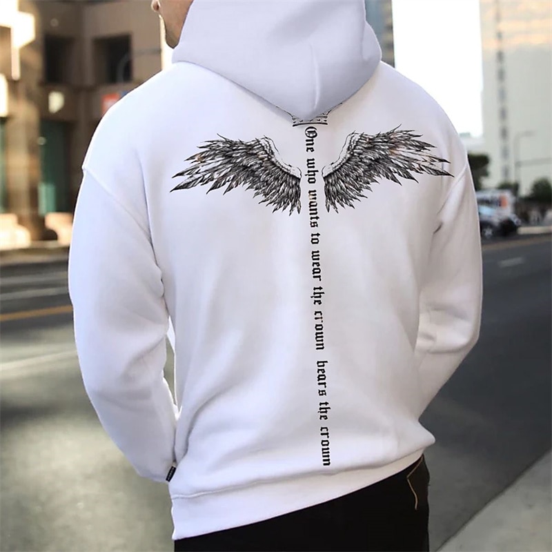 Men's Graphic Wings Hoodie Hoodies Sweatshirt Christmas Basic Long Sleeve Hooded Sports & Outdoor Daily Sports Black White Print Spring Fall Designer