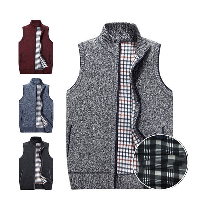 Men's Sweater Vest Cardigan Sweater Zip Sweater Fleece Sweater Knit Solid Color Classic & Timeless Clothing Apparel Winter Lake blue Wine M L XL