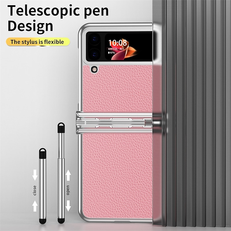 Phone Case For Samsung Galaxy Z Flip 5 Z Flip 4 Z Flip 3 Back Cover Bumper Frame Pencil Holder Plating Solid Colored PC PU Leather4