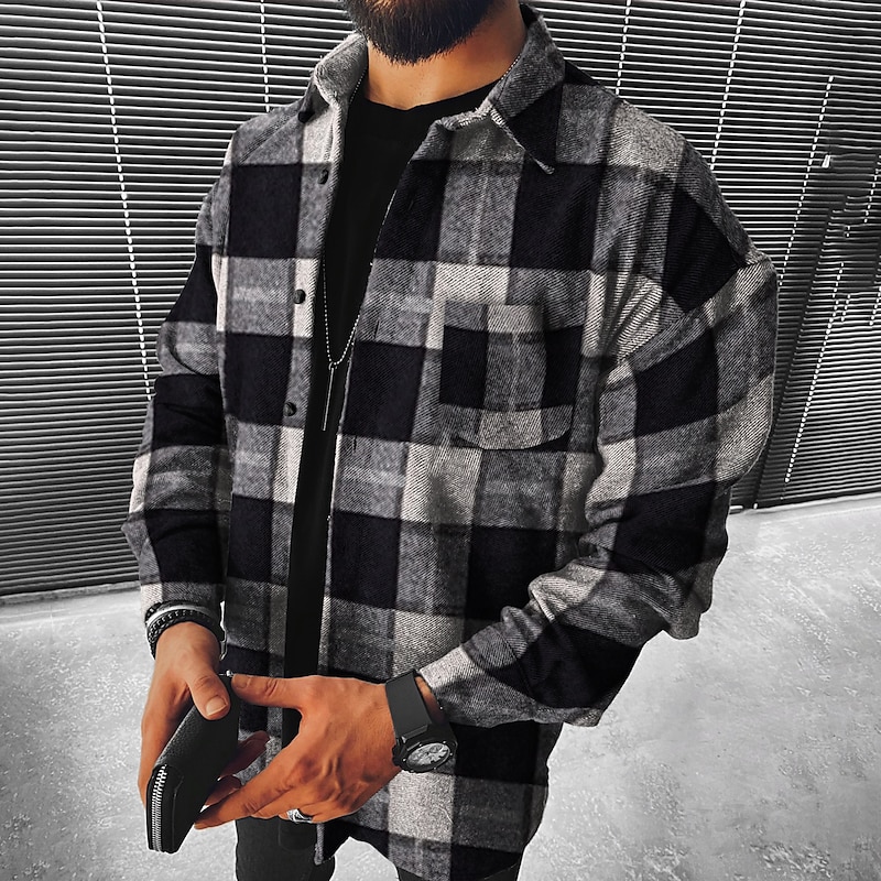 Men's Flannel Shirt Shirt Jacket Overshirt Tartan Christmas Street Black Red Navy Blue Green Long Sleeve Turndown Fall & Winter Clothing Apparel3