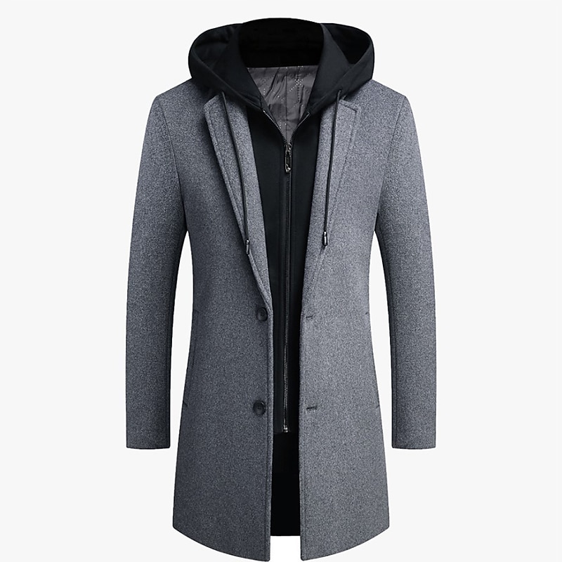 Men's Winter Coat Wool Coat Overcoat Daily Wear Going out Winter Wool Thermal Warm Washable Outerwear Clothing Apparel Fashion Warm Ups Solid Colored Detachable Hood Hooded Single Breasted2