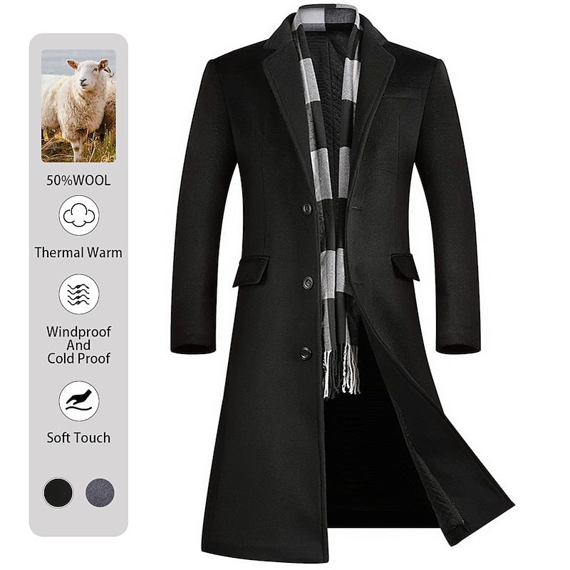Men's Winter Coat Wool Coat Overcoat Outdoor Work Fall & Winter Wool Outerwear Clothing Apparel Basic Solid Colored Shirt Collar Single Breasted