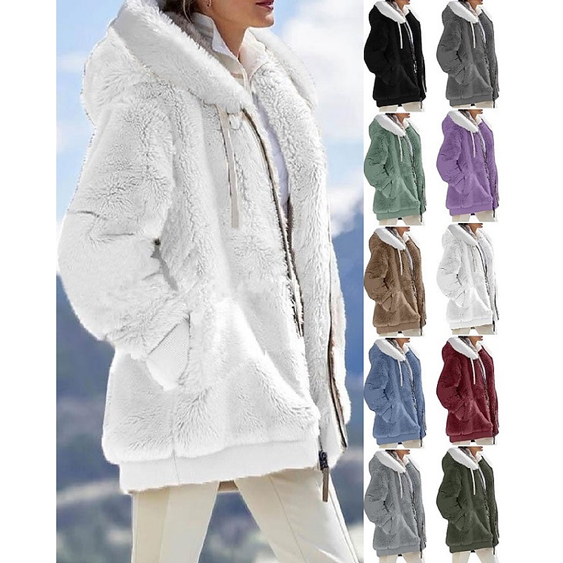 Women's Color Block Teddy Sherpa Fleece Long Sleeve Cowl Neck Hoodie Regular Tops Dailywear Casual Zipper Pocket Violet Black White Army Green Burgundy Spring Fall Winter