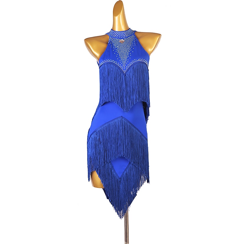 Latin Dance Dress Fringed Tassel Crystals / Rhinestones Women's Performance Training Sleeveless Chinlon