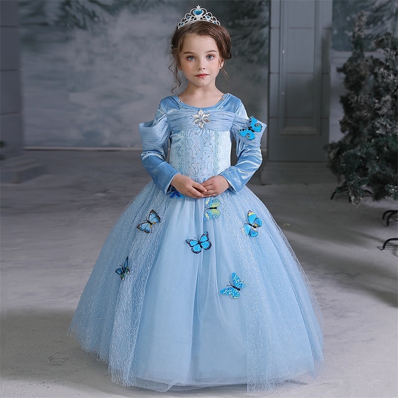 Kids Girls' Party Dress Butterfly Long Sleeve Performance Special Occasion Crewneck Princess Sweet Mesh Maxi A Line Dress Spring Fall 4-12 Years Blue