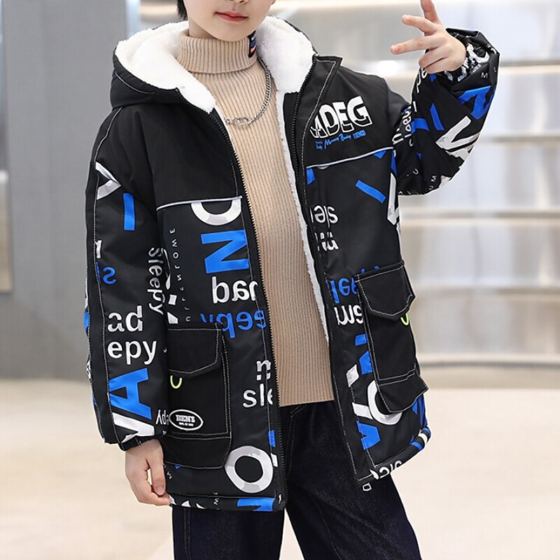 Kids Boys' Parka Outerwear Letter Long Sleeve Coat Outdoor Cotton Fashion Cool Blue Orange Fall Winter 7-13 Years3