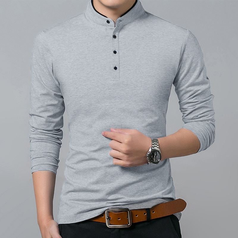 Men's Collarless Golf Shirts Banded Collar Shirt Outdoor Street Stand Collar Mandarin Collar Long Sleeve Casual Comfortable Solid Color Button Front Spring &  Fall Regular Fit Black White Red Navy4