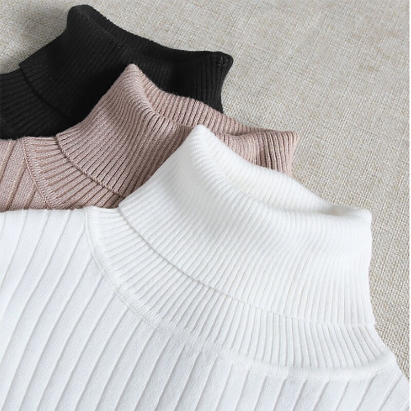 Women's Pullover Sweater Jumper Basic Casual Solid Color Ribbed Turtleneck Knitted Thin Long Sleeve Knit Daily Black White Fall Winter3