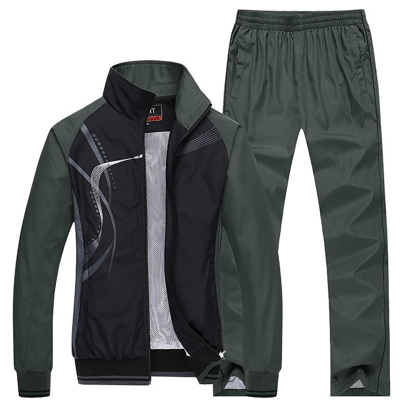 Men's Tracksuit Sweatsuit 2 Piece Full Zip Street Spring Long Sleeve Stand Collar Waterproof Windproof Lightweight Walking Jogging Training Sportswear Activewear Stripes Black White Yellow3